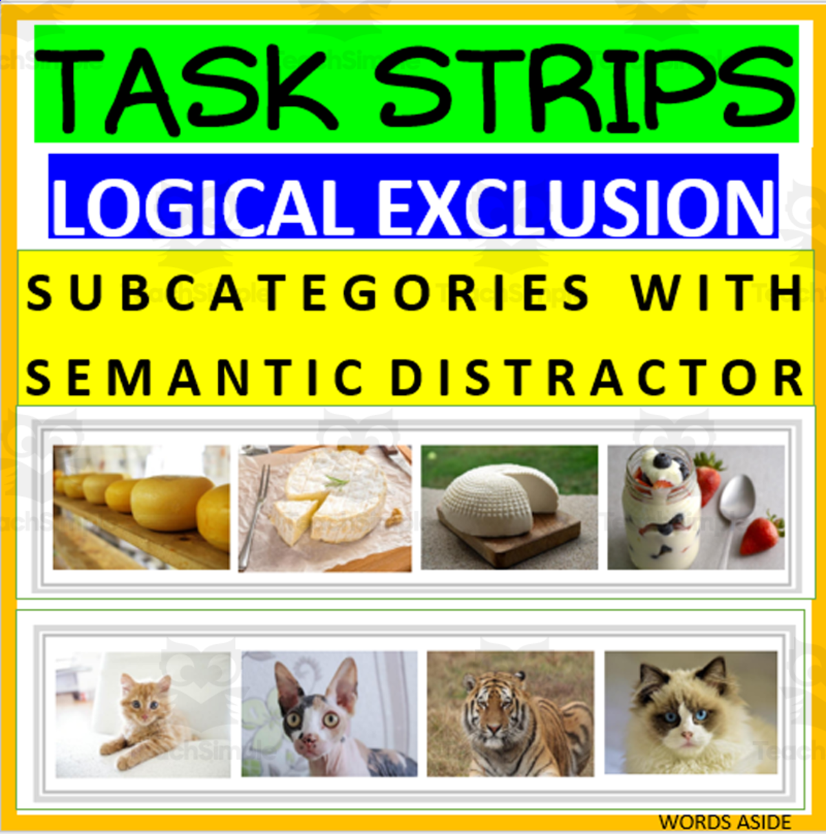 An educational teaching resource from WORDS ASIDE entitled TASK STRIPS: REASONING EXCLUSION CARDS | SEMANTIC DISTRACTORS downloadable at Teach Simple.