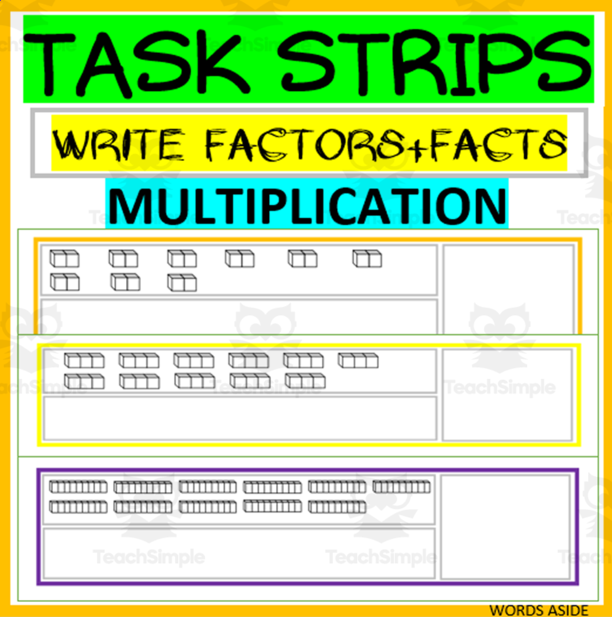 An educational teaching resource from WORDS ASIDE entitled TASK STRIPS | WRITE FACTS+FACTORS | MULTIPLICATION CARDS/CENTER downloadable at Teach Simple.