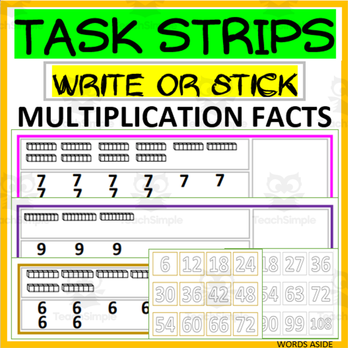 An educational teaching resource from WORDS ASIDE entitled TASK STRIPS | WRITE OR STICK | MULTIPLICATION FACTS CARDS/CENTER downloadable at Teach Simple.