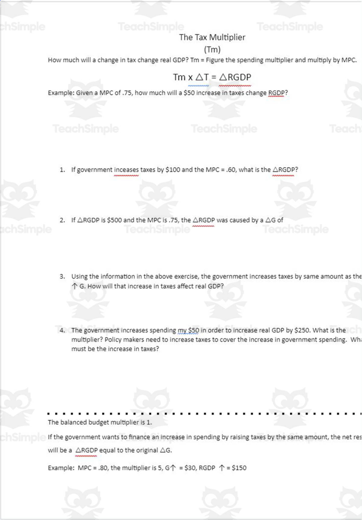 An educational teaching resource from Rose Molina entitled Tax Multiplier Practice downloadable at Teach Simple.