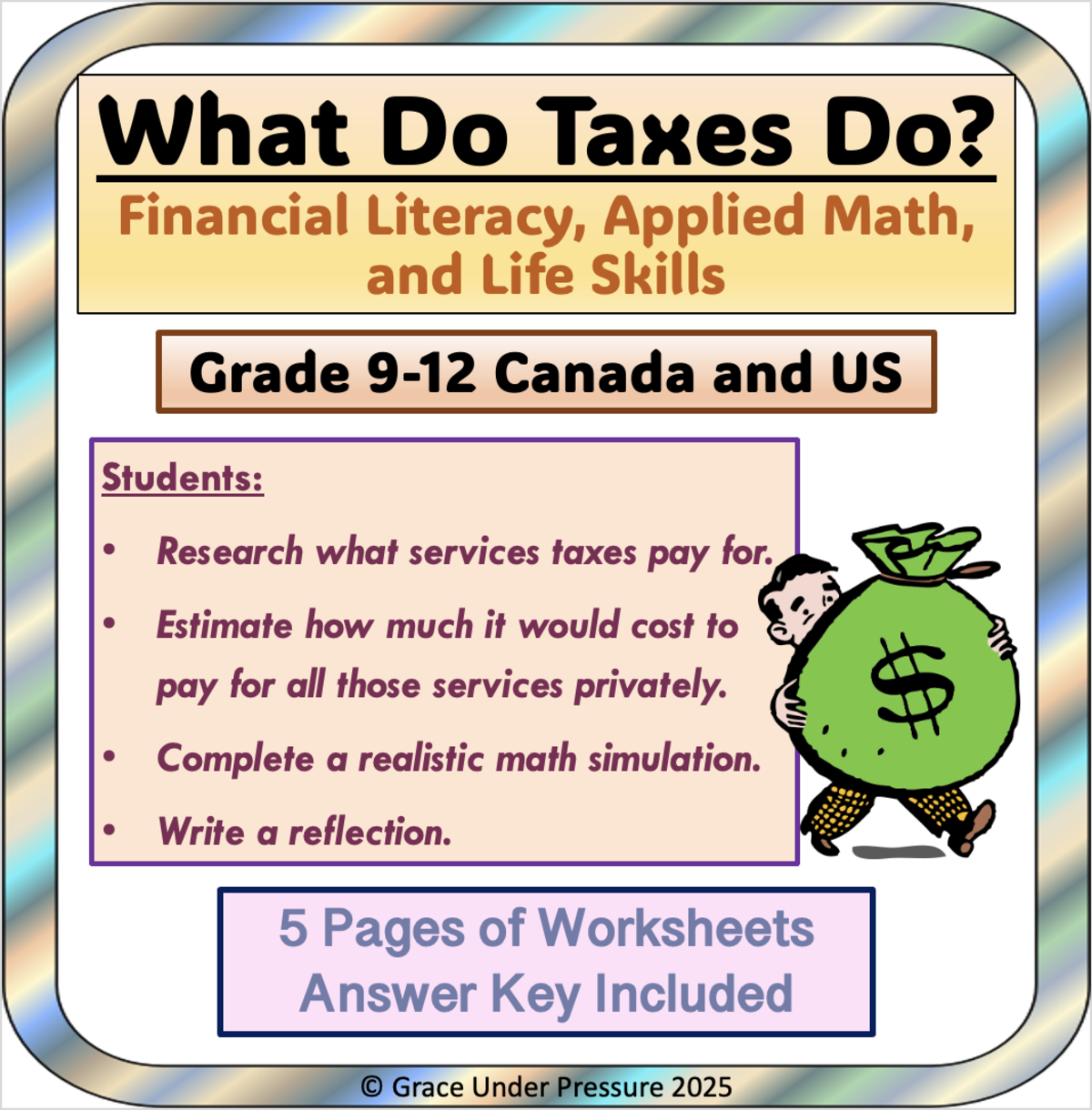 An educational teaching resource from Grace Under Pressure entitled Taxes: What Do Taxes Pay For: Income Tax, Financial Literacy, HS Math downloadable at Teach Simple.