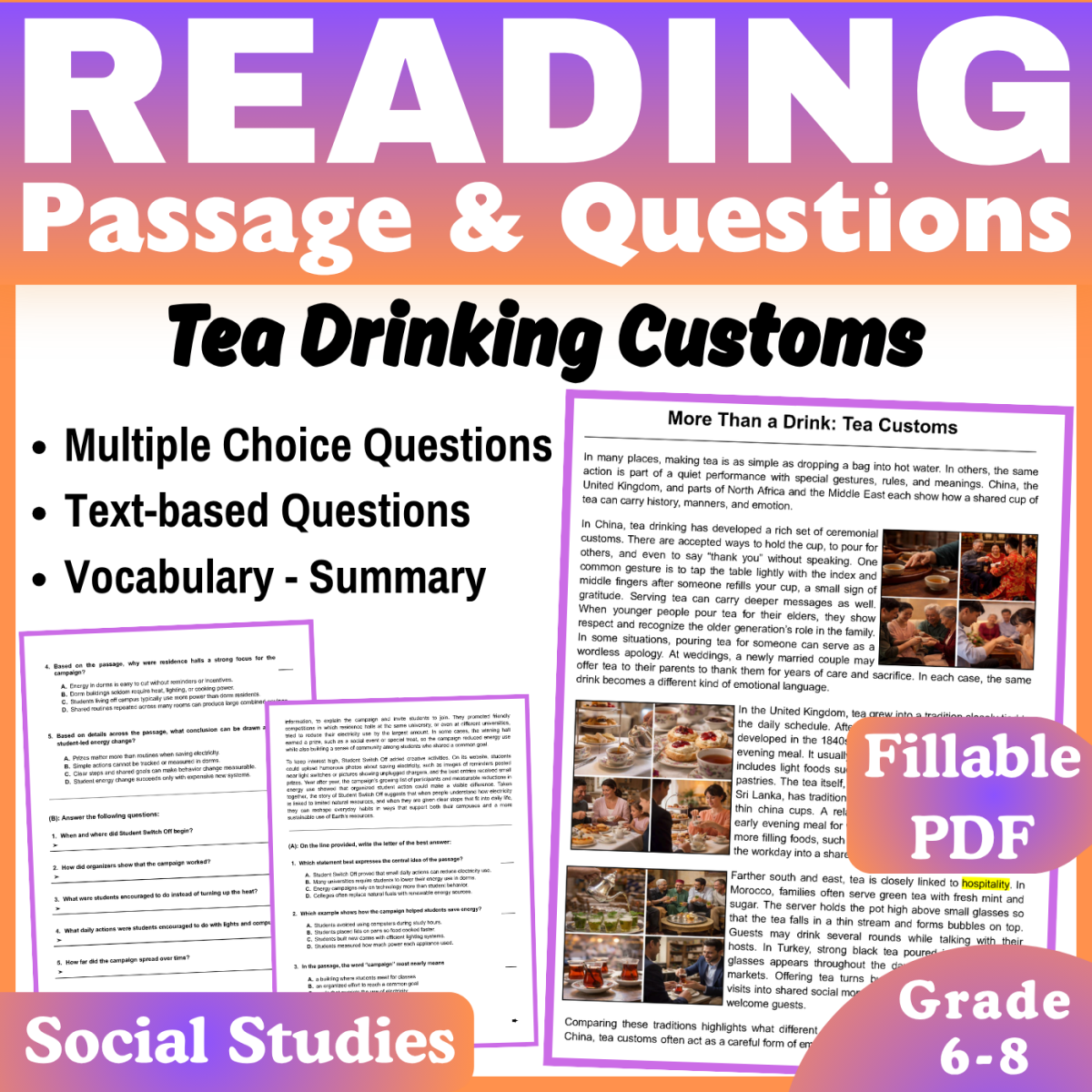 An educational teaching resource from CORED Education - Middle & High School entitled Tea Customs: Social Studies Reading Passage (Fillable PDF) downloadable at Teach Simple.