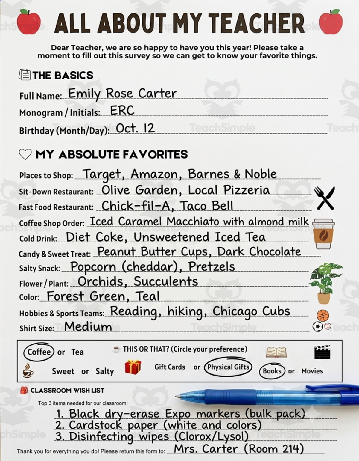 An educational teaching resource from Smart Learning Press entitled Teacher favorites list printable Teacher Survey downloadable at Teach Simple.