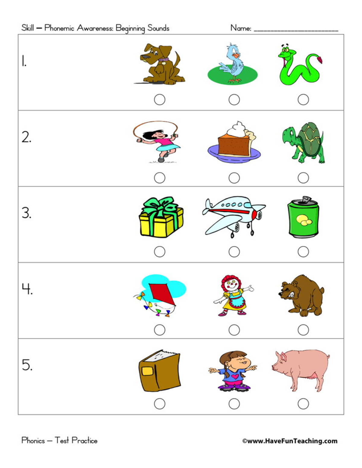 An educational teaching resource from Have Fun Teaching entitled Teacher Led Beginning Sounds Test Practice Worksheet downloadable at Teach Simple.