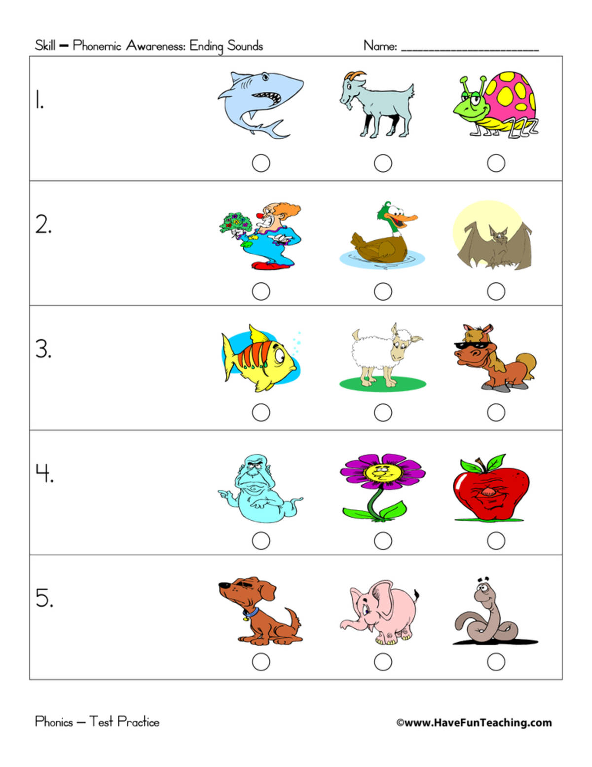 An educational teaching resource from Have Fun Teaching entitled Teacher Led Ending Sounds Test Practice Worksheet downloadable at Teach Simple.