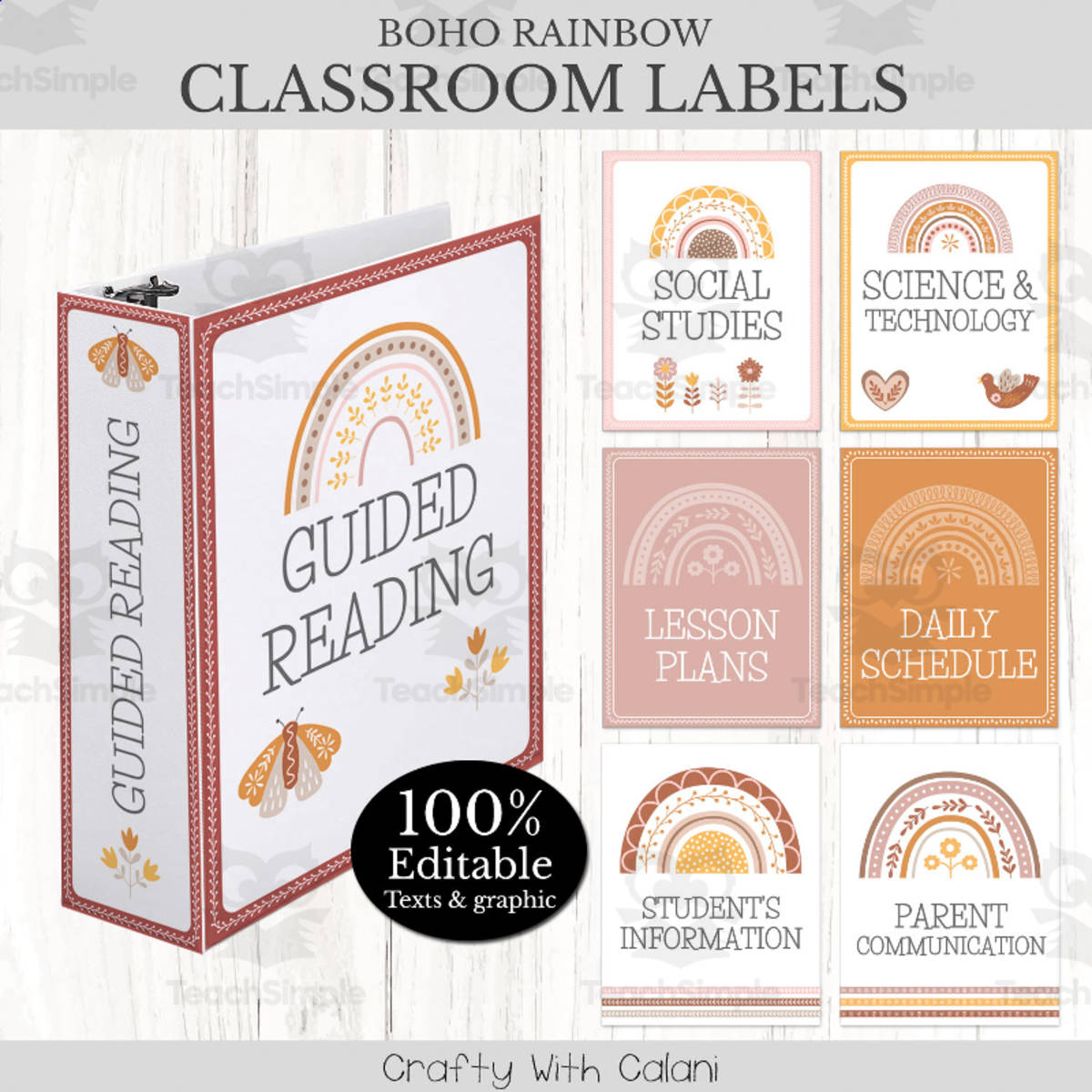 An educational teaching resource from Crafty with Calani entitled Teacher's Binder Cover in Boho Rainbow Theme - 100% Editable downloadable at Teach Simple.
