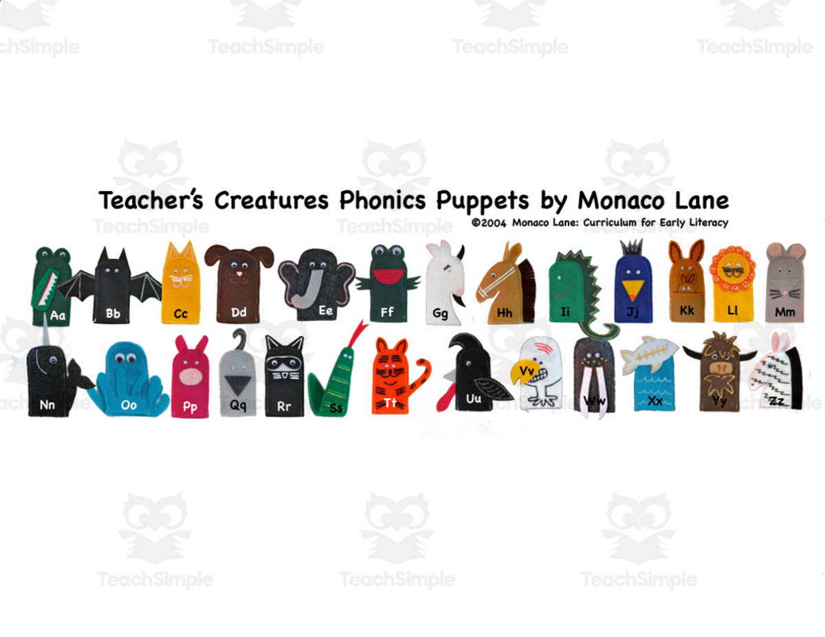 An educational teaching resource from Monaco Lane Curriculum for Early Literacy entitled Teacher's Creatures Phonics Puppets downloadable at Teach Simple.