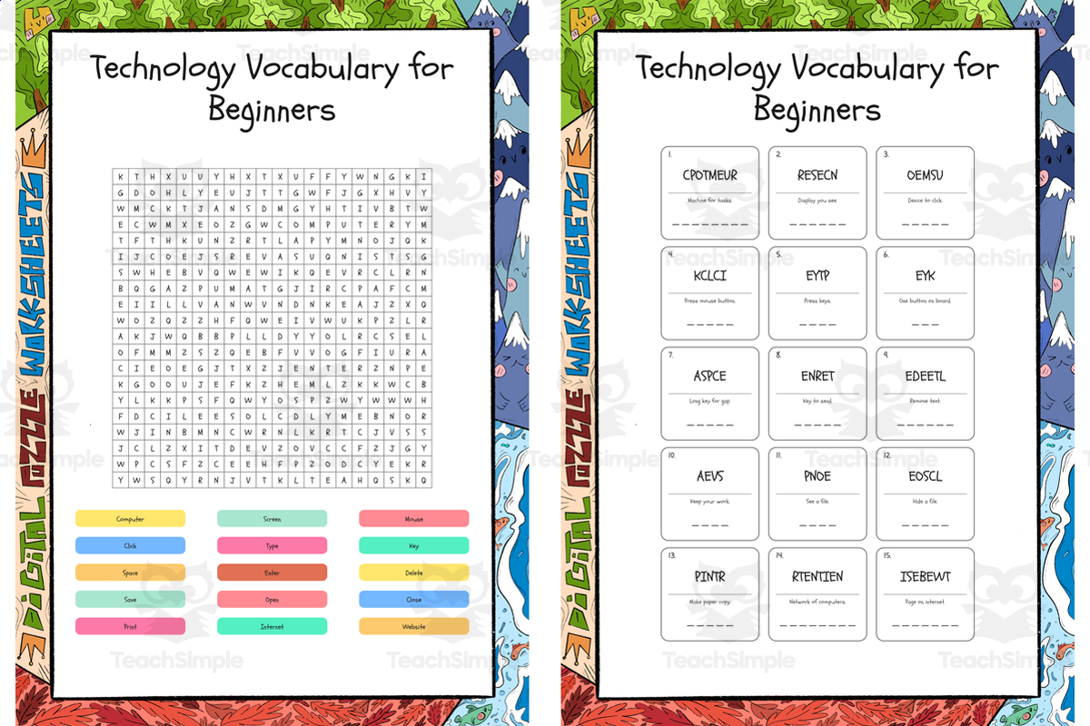 An educational teaching resource from Lapiiin Art Activities entitled Technology Vocabulary for Beginners word search, scramble and crosswor downloadable at Teach Simple.