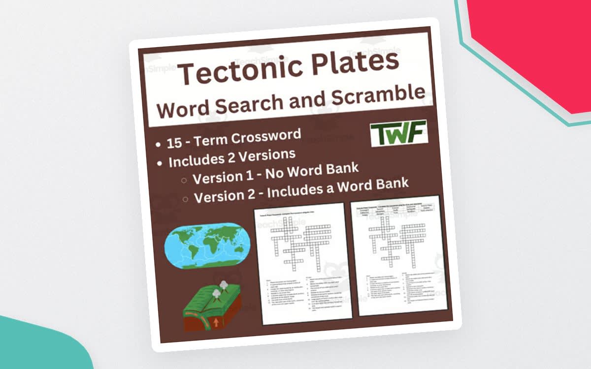 An educational teaching resource from Teach With Fergy entitled Tectonic Plates Crossword Puzzle Review Activity downloadable at Teach Simple.