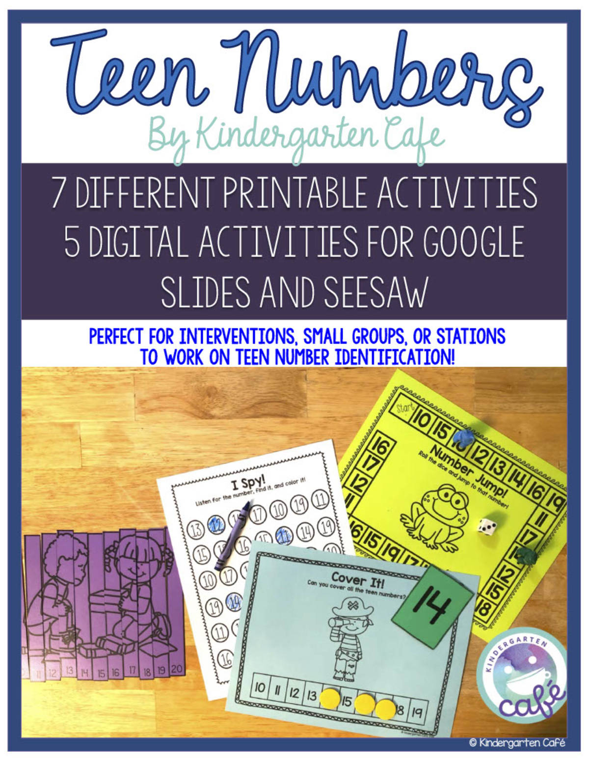 An educational teaching resource from Kindergarten Cafe entitled Teen Numbers: Printable and Digital Activity Bundle | Google Slides and Seesaw downloadable at Teach Simple.