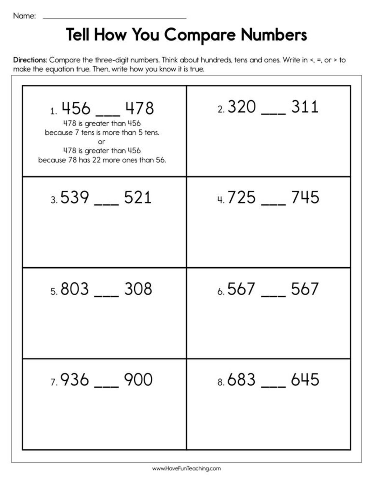 An educational teaching resource from Have Fun Teaching entitled Tell How You Compare Numbers Worksheet downloadable at Teach Simple.