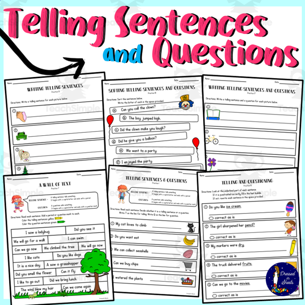 An educational teaching resource from Soumara Siddiqui entitled Telling Sentences and Questions downloadable at Teach Simple.