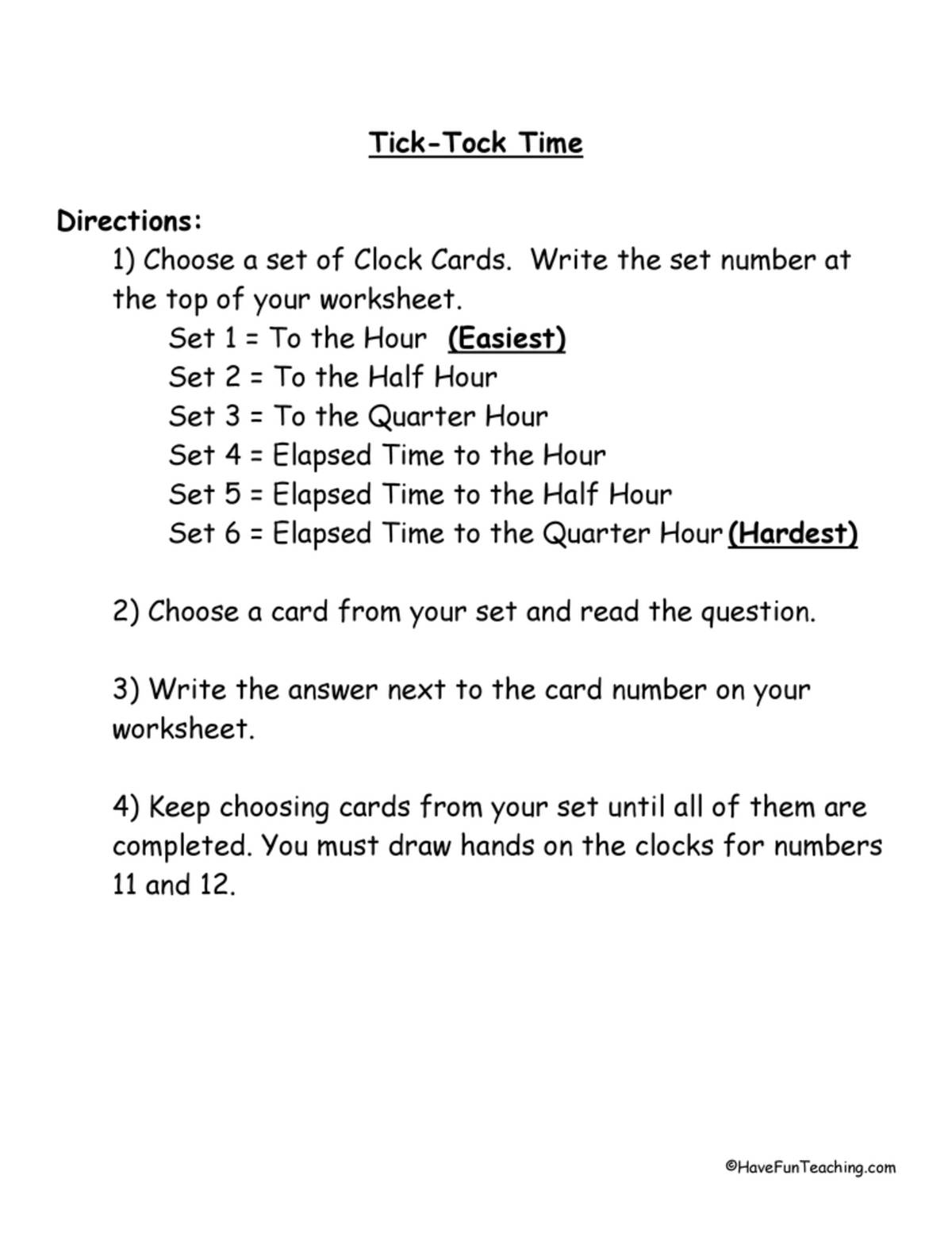 An educational teaching resource from Have Fun Teaching entitled Telling Time Activity downloadable at Teach Simple.