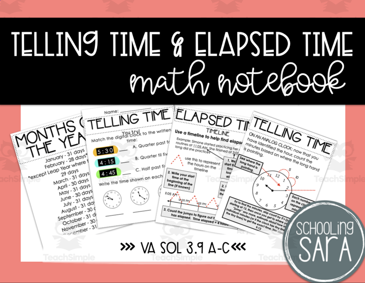 An educational teaching resource from SchoolingSara entitled Telling Time and Elapsed Time Math Interactive Notebook downloadable at Teach Simple.