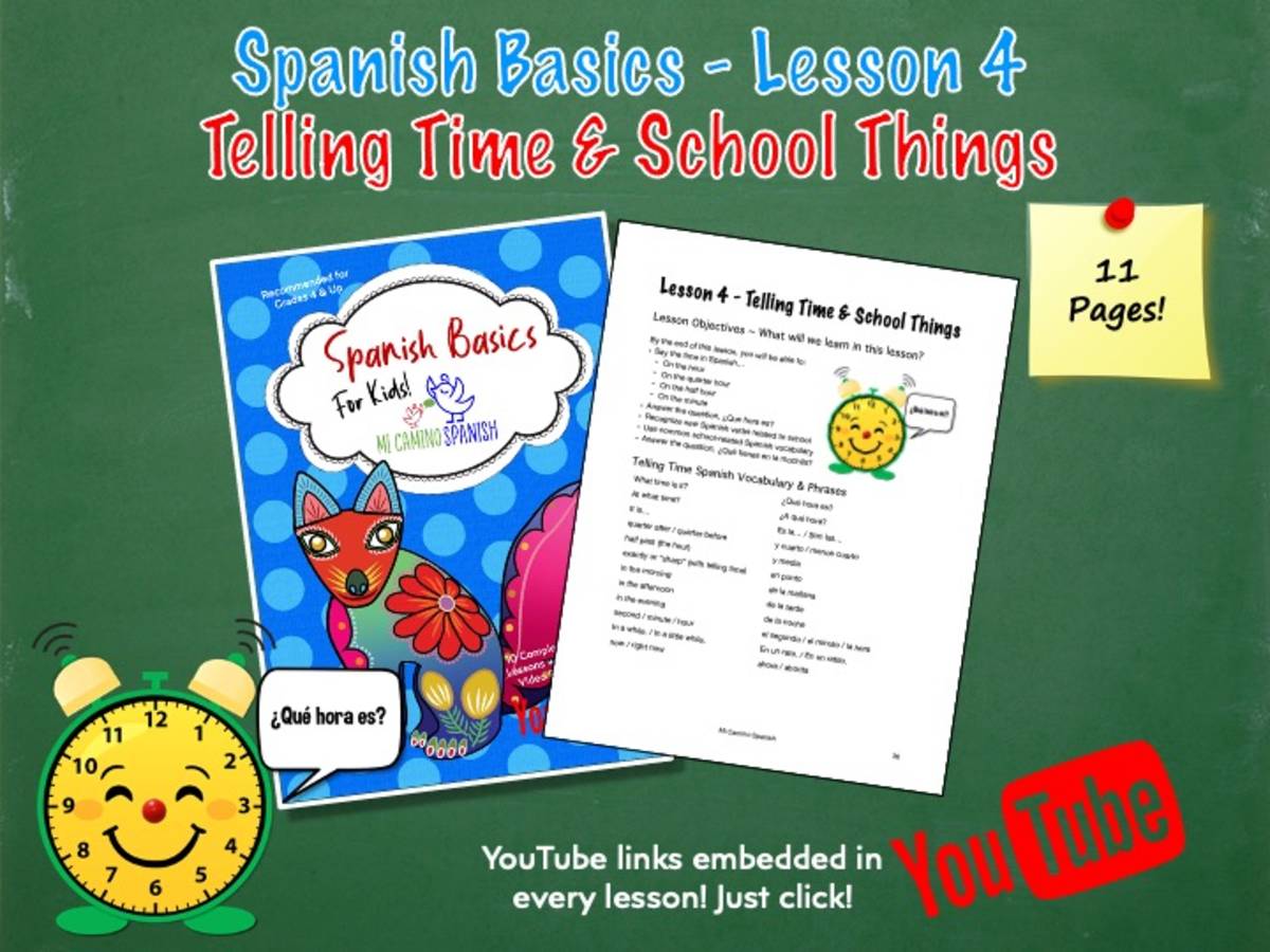 An educational teaching resource from Mi Camino Spanish entitled Telling Time & School Things - Lesson 4 (COMPLETE SPANISH LESSON!) downloadable at Teach Simple.