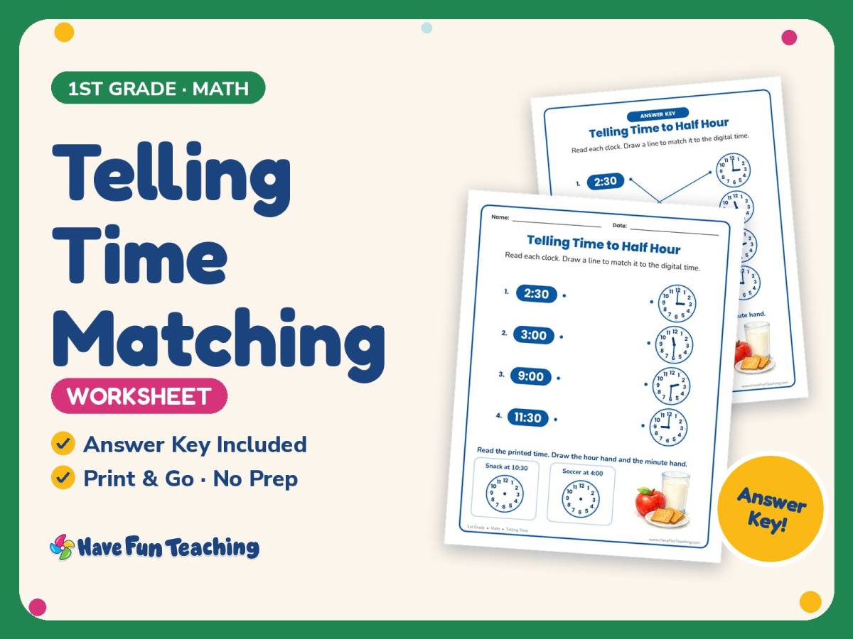 Telling Time Matching Worksheet – 1st Grade Math Practice + Answer Key preview