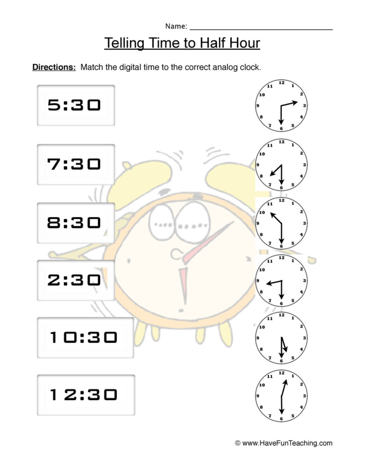 An educational teaching resource from Have Fun Teaching entitled Telling Time Matching Worksheet downloadable at Teach Simple.