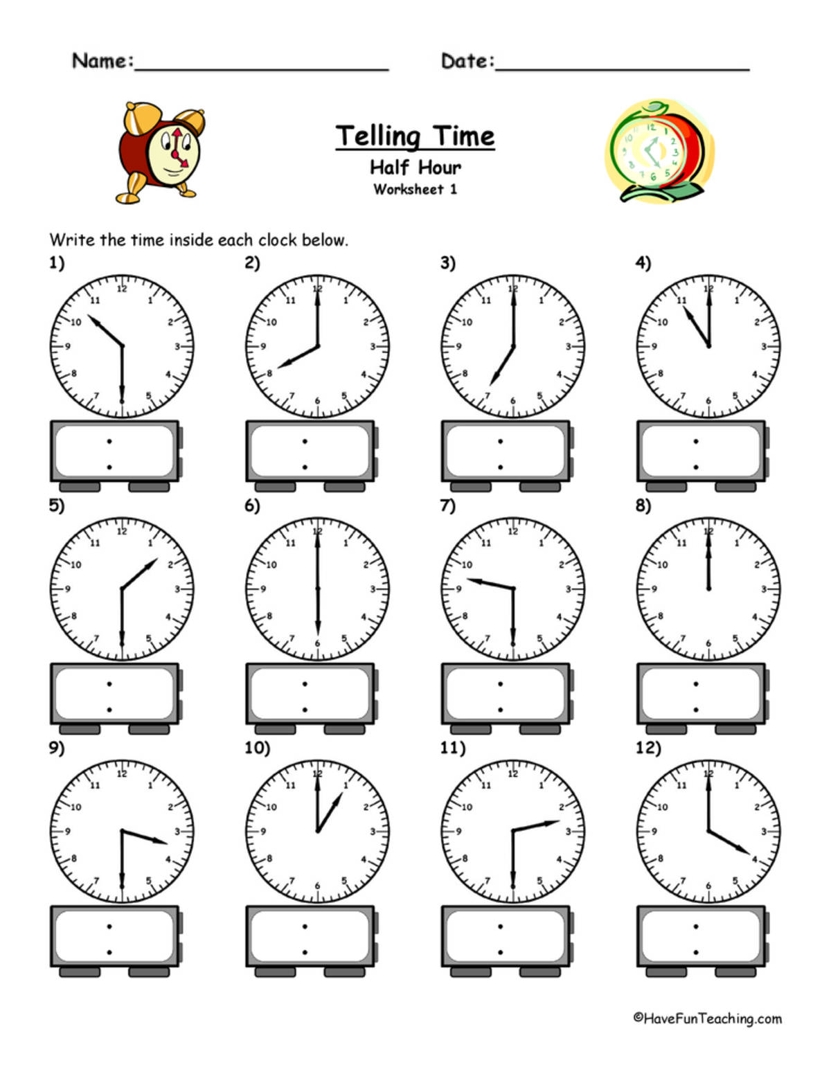 An educational teaching resource from Have Fun Teaching entitled Telling Time To The Half Hour Worksheet downloadable at Teach Simple.