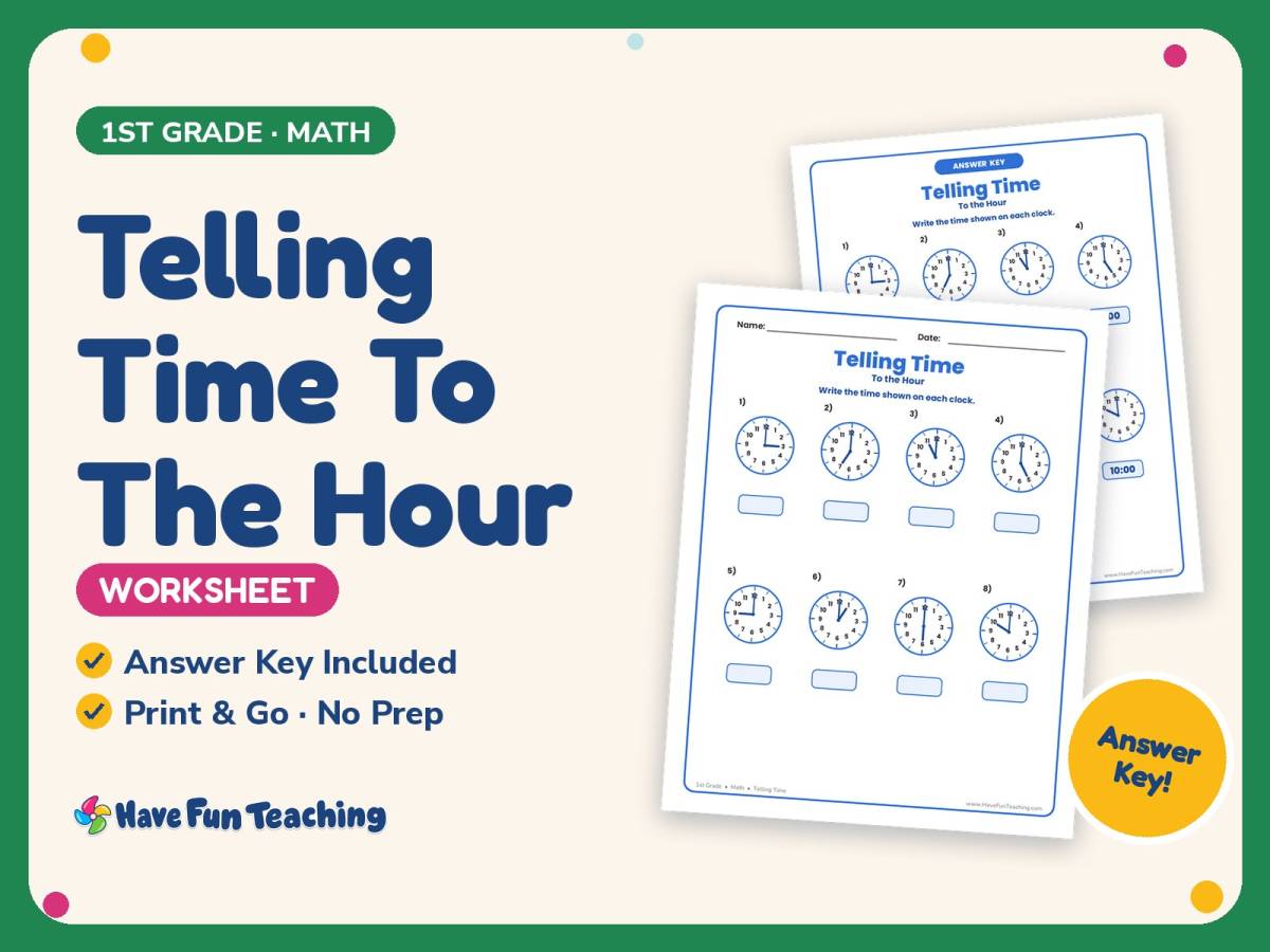 Telling Time To The Hour Worksheet – 1st Grade Clocks Practice preview