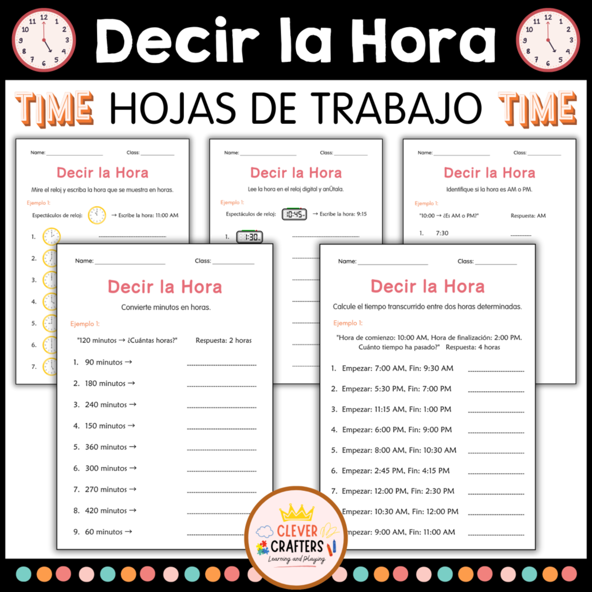 An educational teaching resource from Clever Crafters entitled Telling Time to the Hour Worksheet in spanish downloadable at Teach Simple.