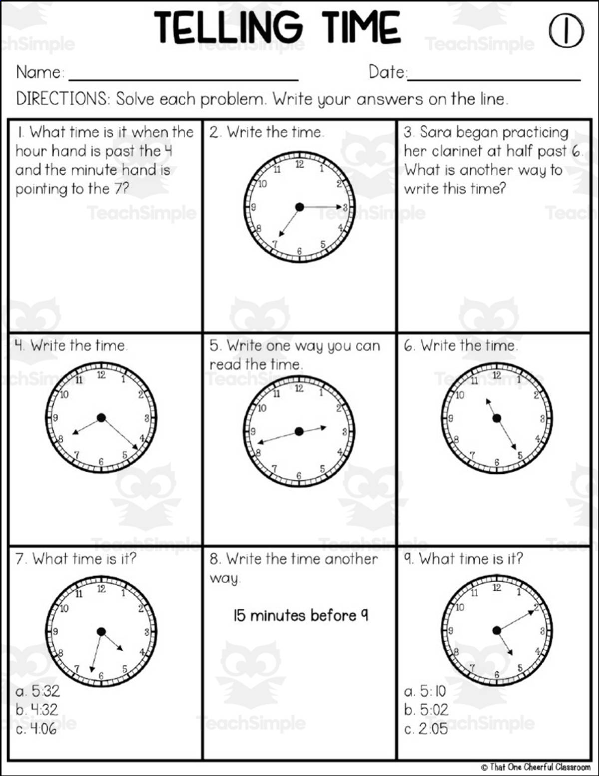 An educational teaching resource from That One Cheerful Classroom entitled Telling Time to the Nearest Minute Homework Sheets downloadable at Teach Simple.