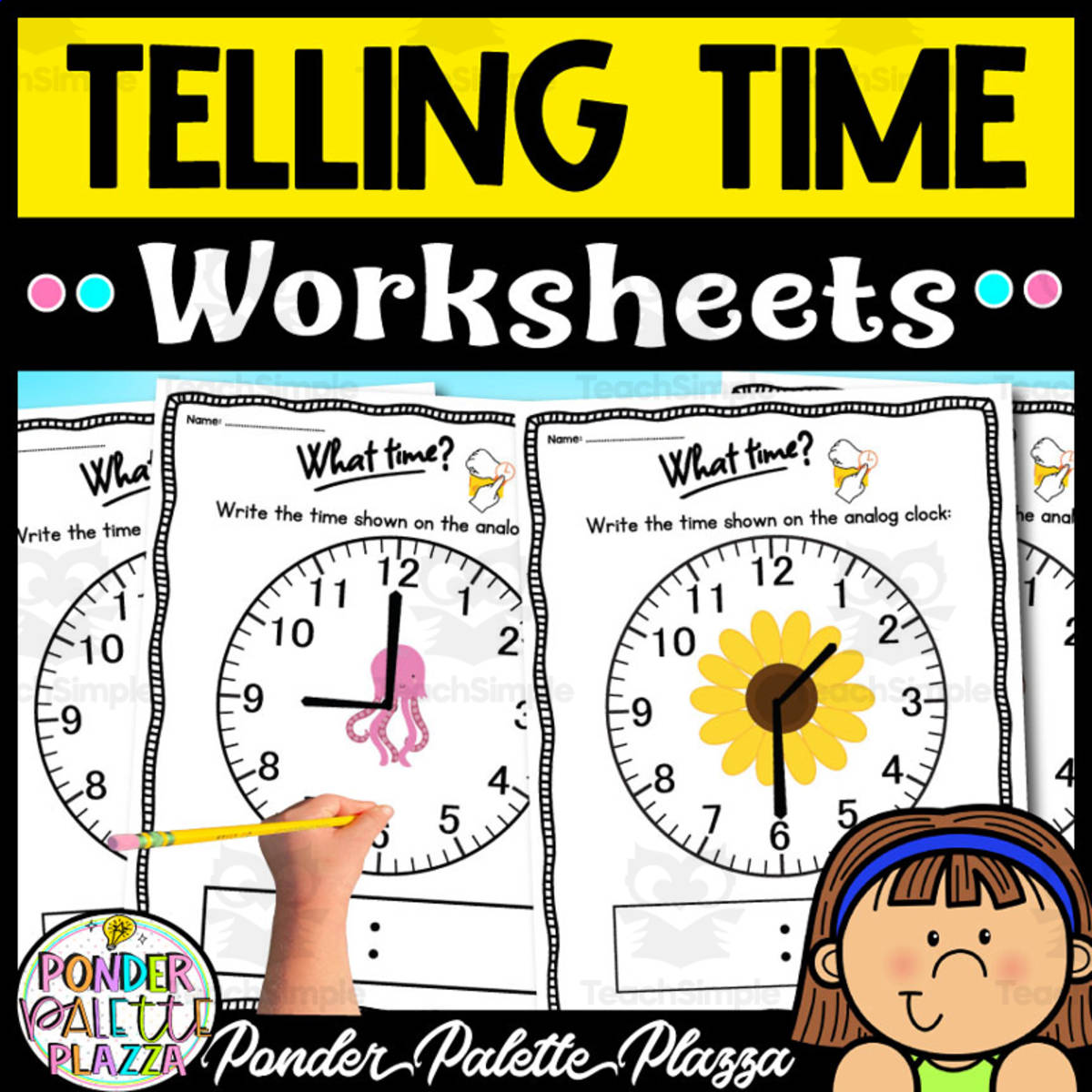 An educational teaching resource from Ponder Palette Plazza entitled Telling Time Worksheets downloadable at Teach Simple.