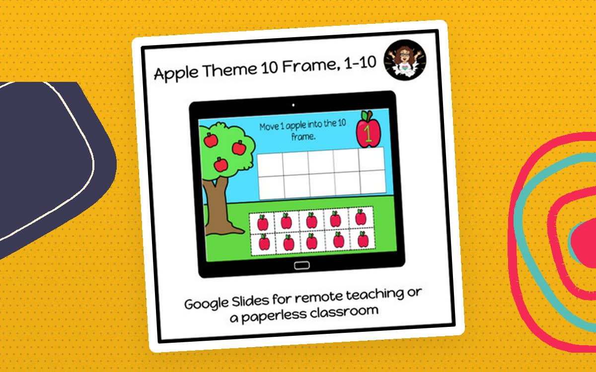 An educational teaching resource from My Kind of Crazy entitled Ten Frame, 1-10. Apple Theme Google Slides downloadable at Teach Simple.