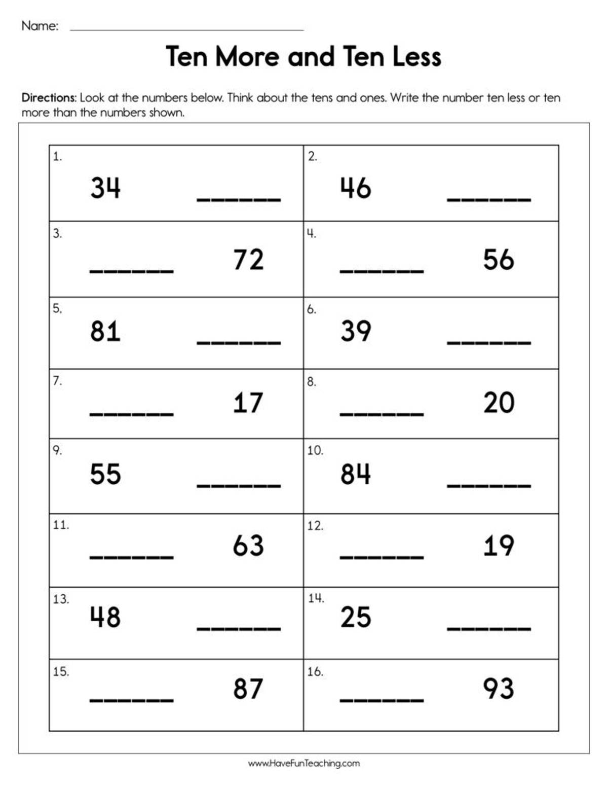 An educational teaching resource from Have Fun Teaching entitled Ten More and Ten Less Worksheet downloadable at Teach Simple.