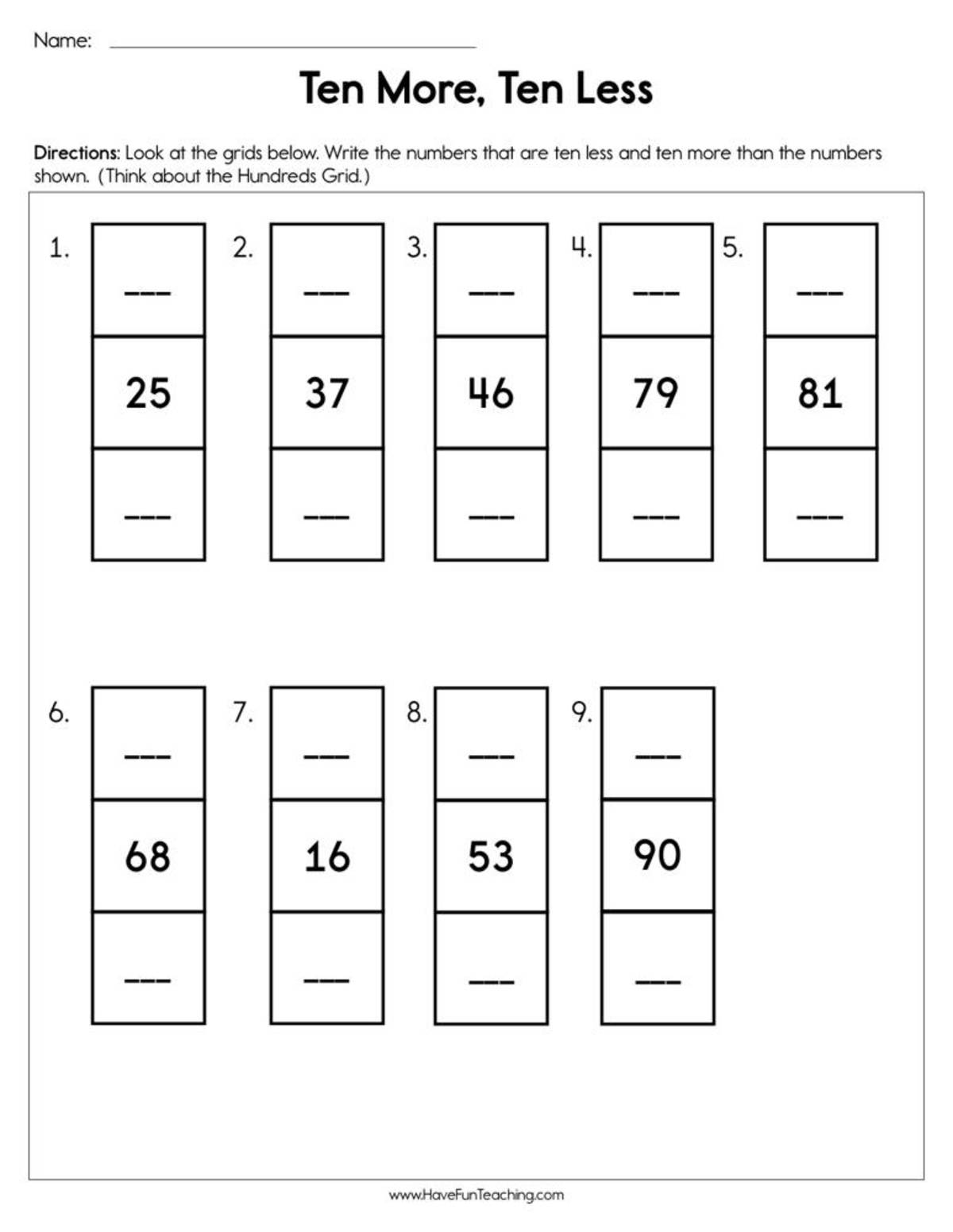 An educational teaching resource from Have Fun Teaching entitled Ten More Ten Less Worksheet downloadable at Teach Simple.