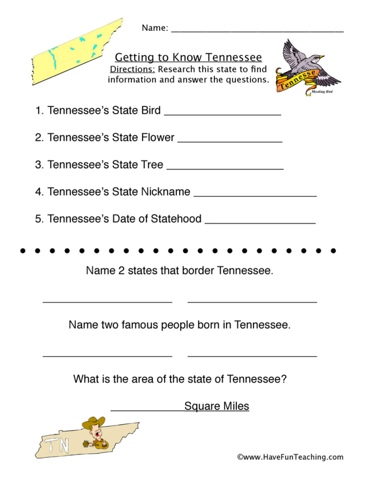 An educational teaching resource from Have Fun Teaching entitled Tennessee Worksheet downloadable at Teach Simple.