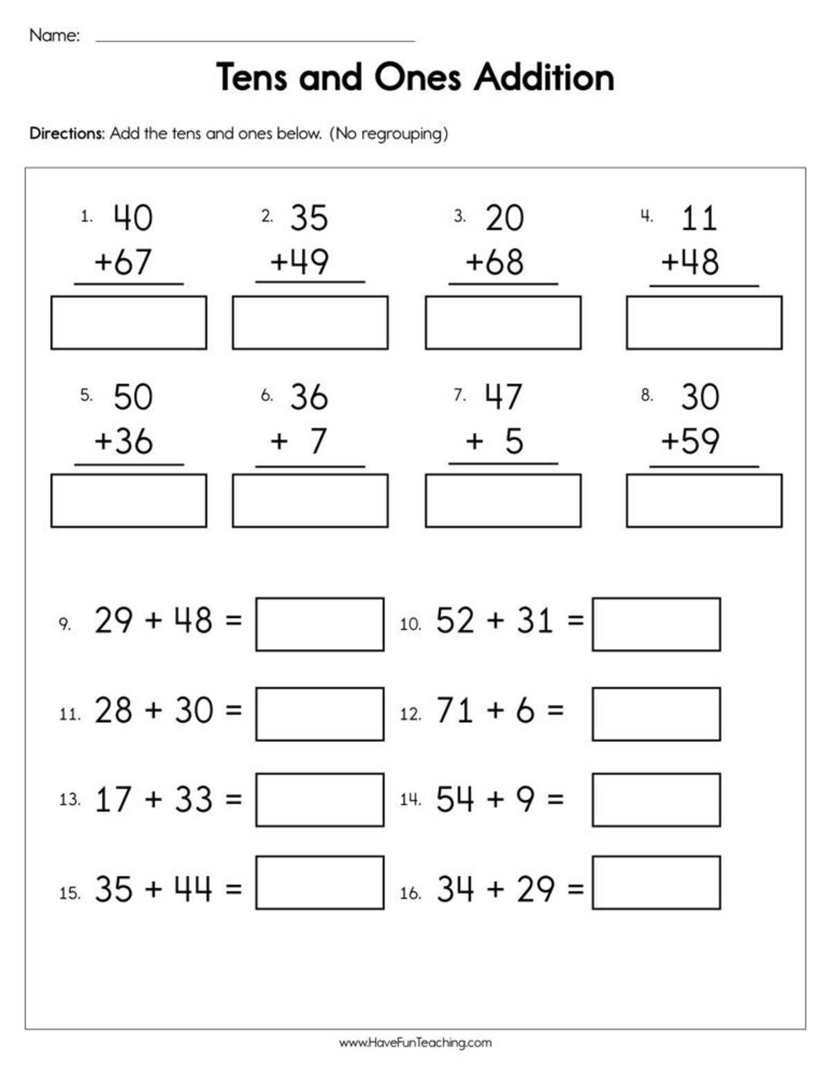 An educational teaching resource from Have Fun Teaching entitled Tens and Ones Adding Worksheet downloadable at Teach Simple.