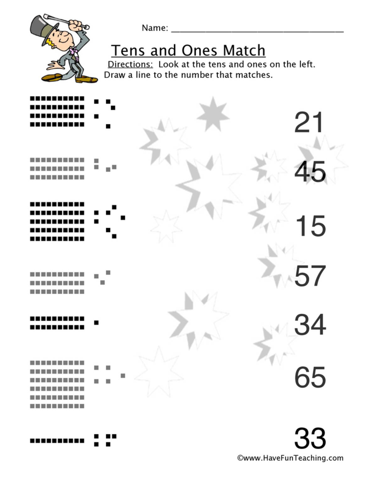 An educational teaching resource from Have Fun Teaching entitled Tens and Ones Match Worksheet downloadable at Teach Simple.