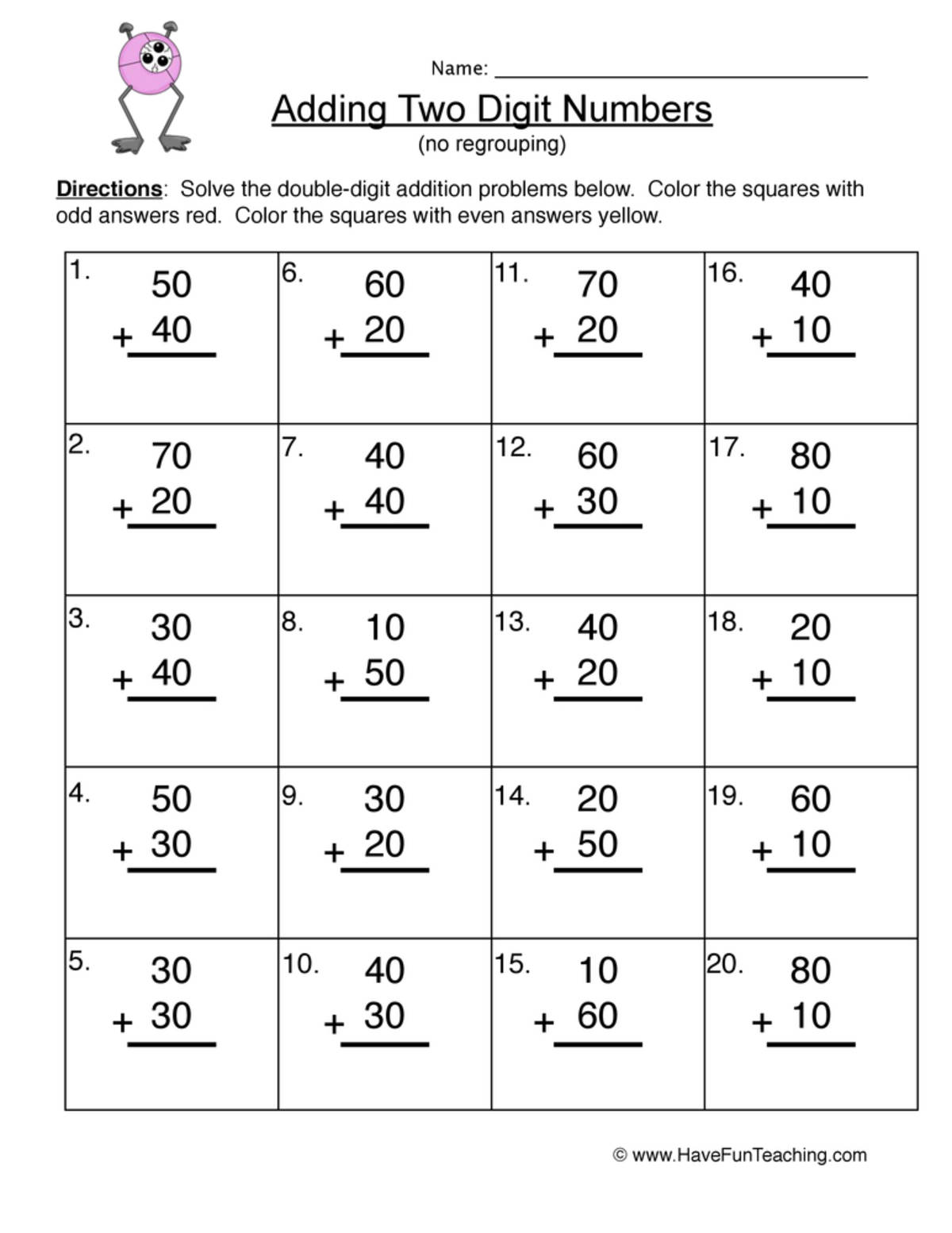An educational teaching resource from Have Fun Teaching entitled Tens Double Digit Addition Worksheet downloadable at Teach Simple.