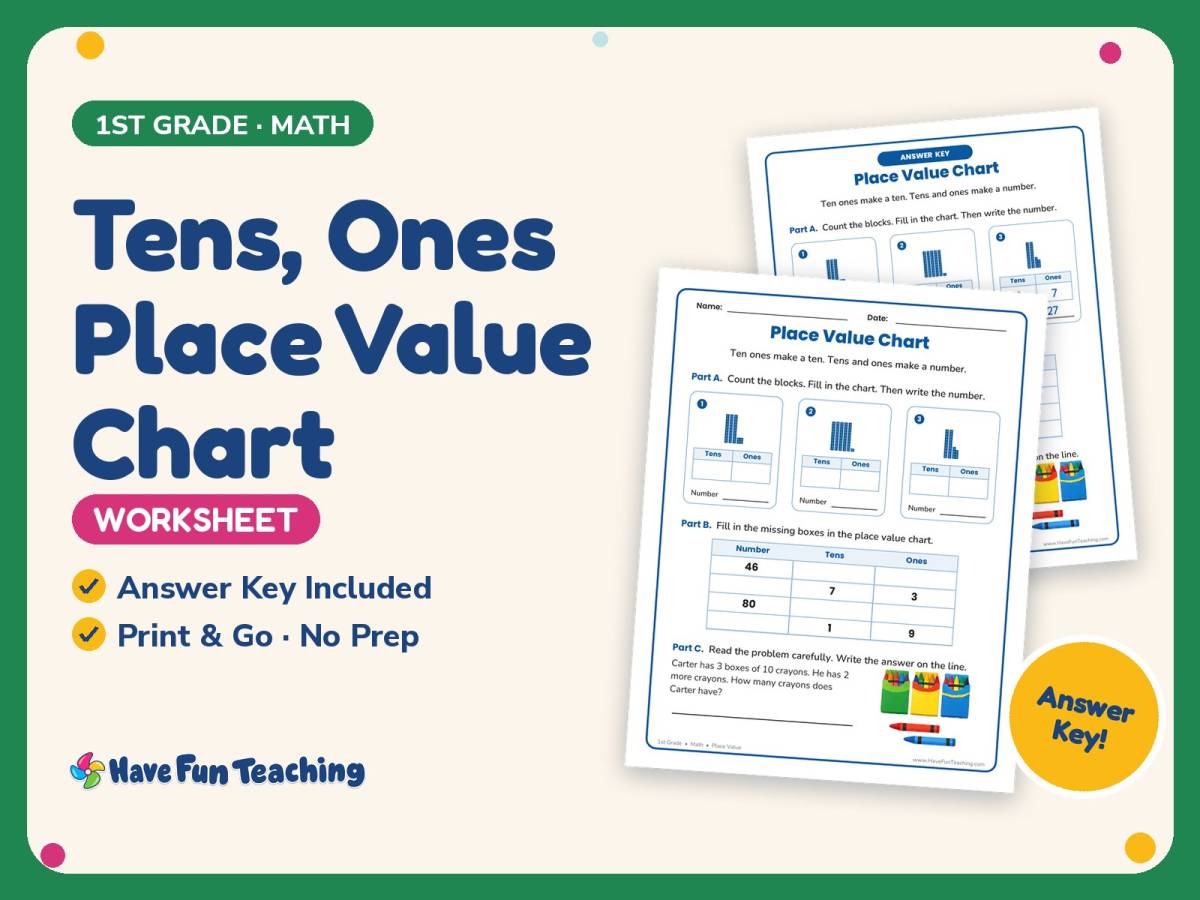 Tens, Ones Place Value Chart – 1st Grade Base 10 Practice + Answer Key preview