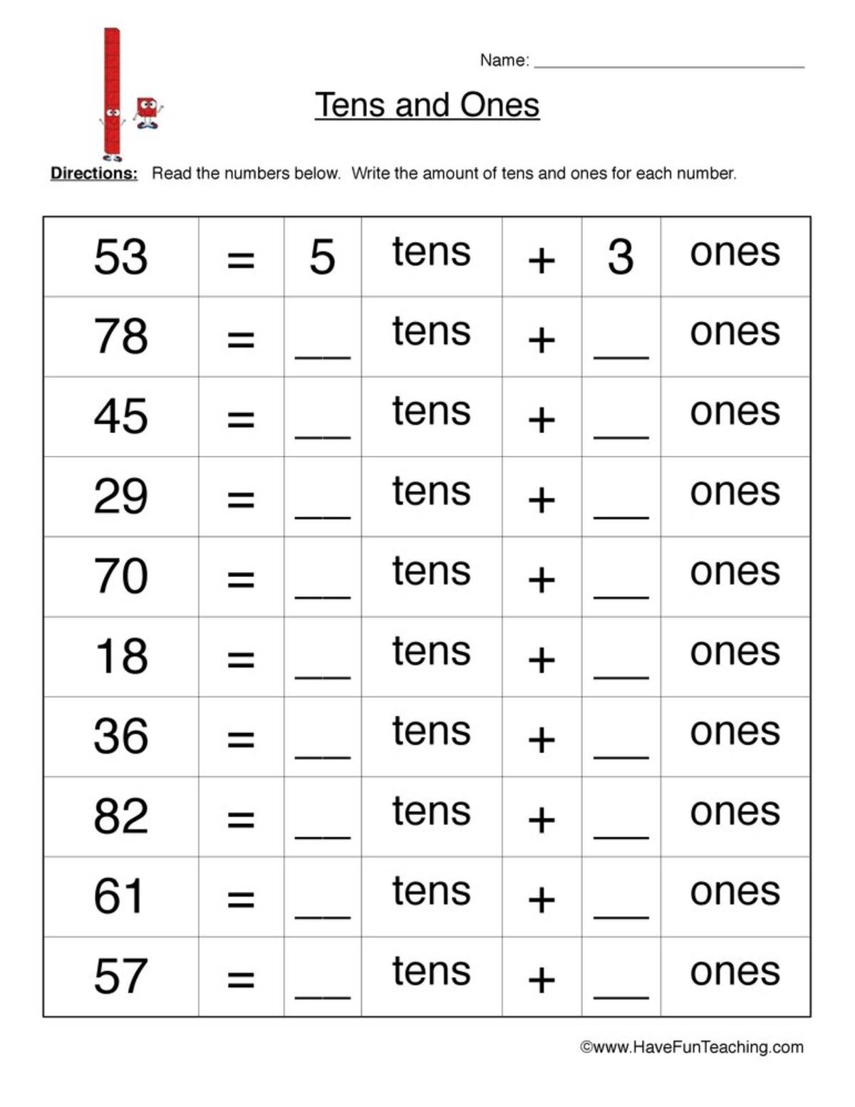 An educational teaching resource from Have Fun Teaching entitled Tens and Ones – Place Value Practice Worksheet downloadable at Teach Simple.