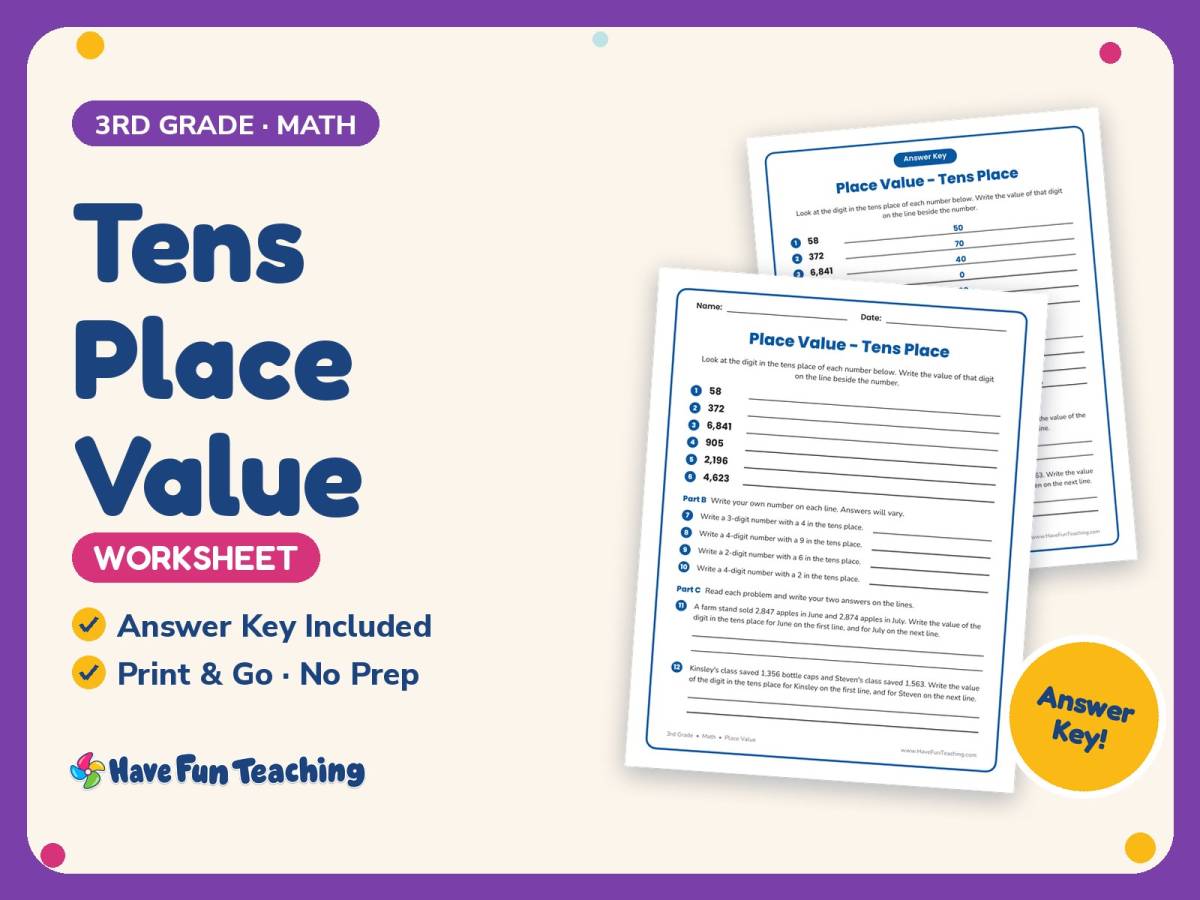 Tens Place Value Worksheet – 3rd Grade Base 10 Practice + Answer Key preview