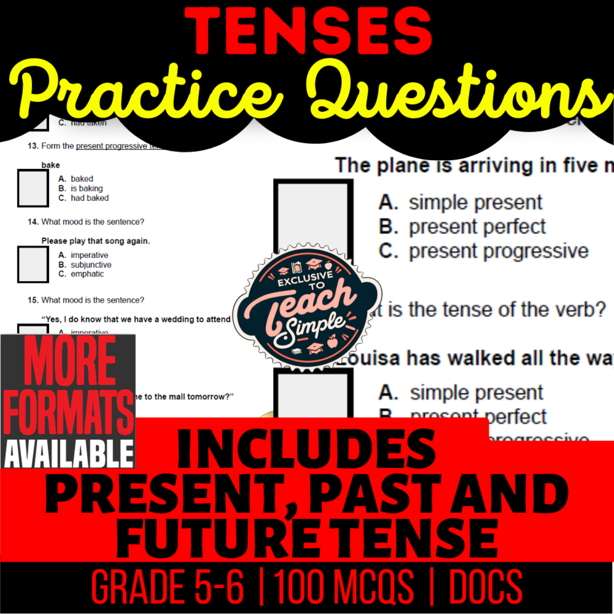An educational teaching resource from Cored Education entitled Tenses Practice Questions - Grammar Grade 5-6 (Docs) downloadable at Teach Simple.