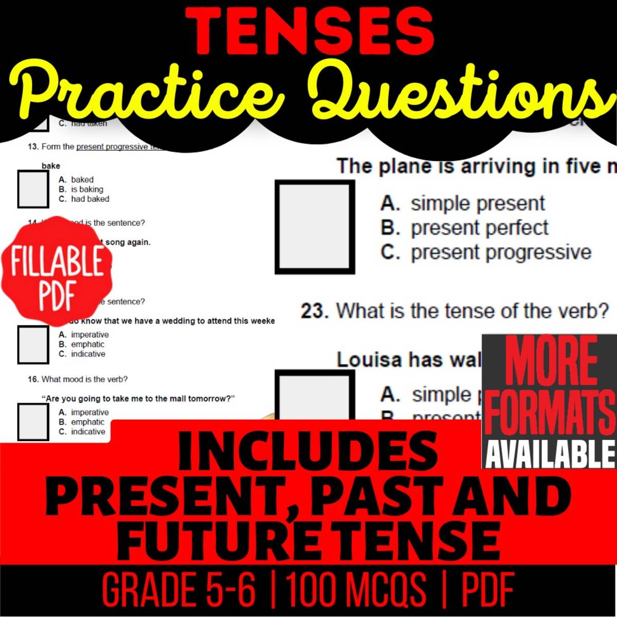 An educational teaching resource from Cored Education entitled Tenses Practice Questions - Grammar Grade 5-6 (Fillable PDF) downloadable at Teach Simple.