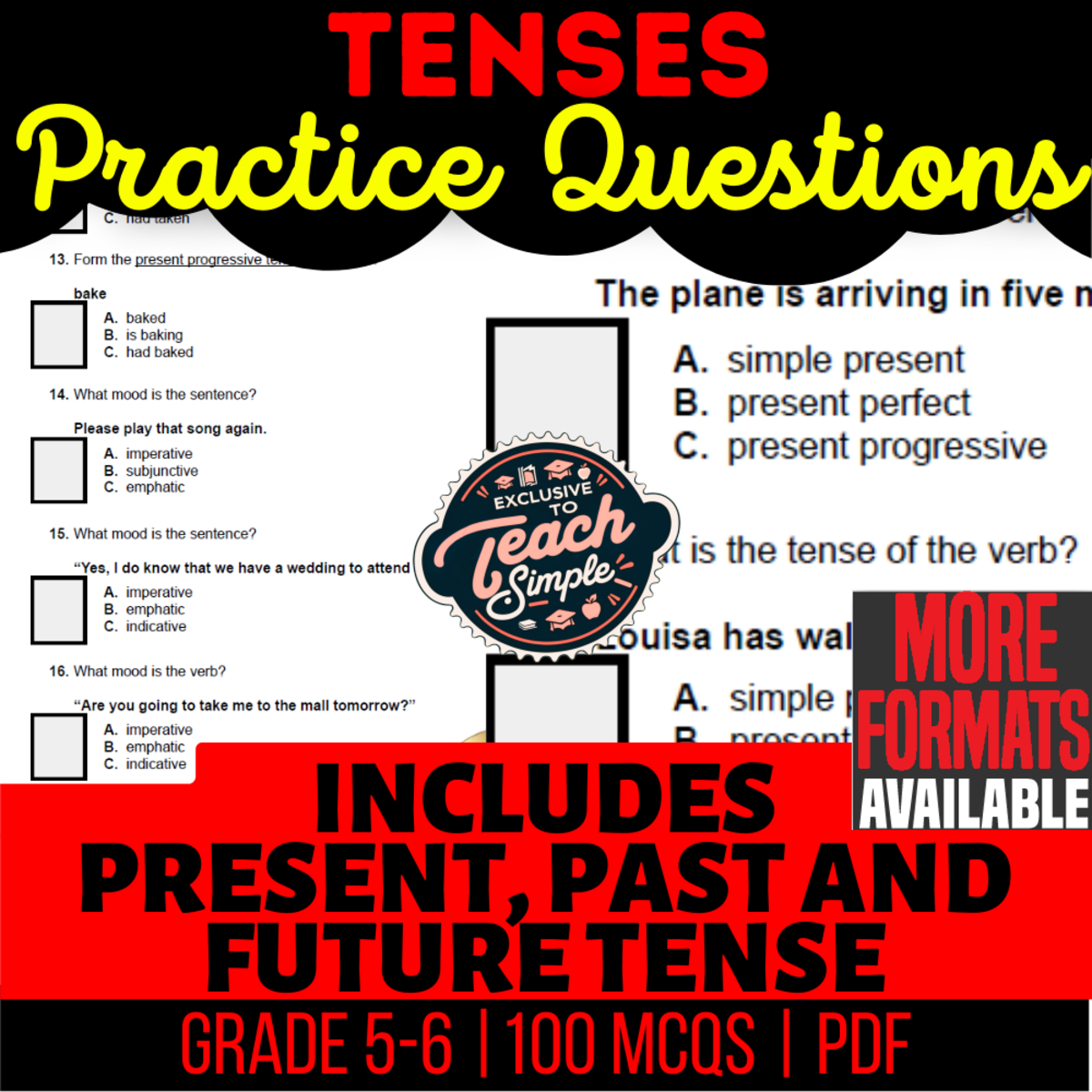 An educational teaching resource from Cored Education entitled Tenses Practice Questions – Grades 5–6 Grammar downloadable at Teach Simple.