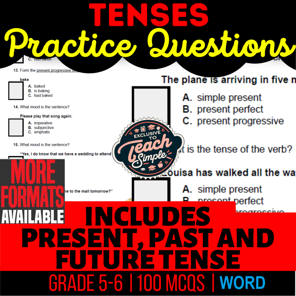 An educational teaching resource from Cored Education entitled Tenses Practice Questions - Grammar Grade 5-6 (Word) downloadable at Teach Simple.