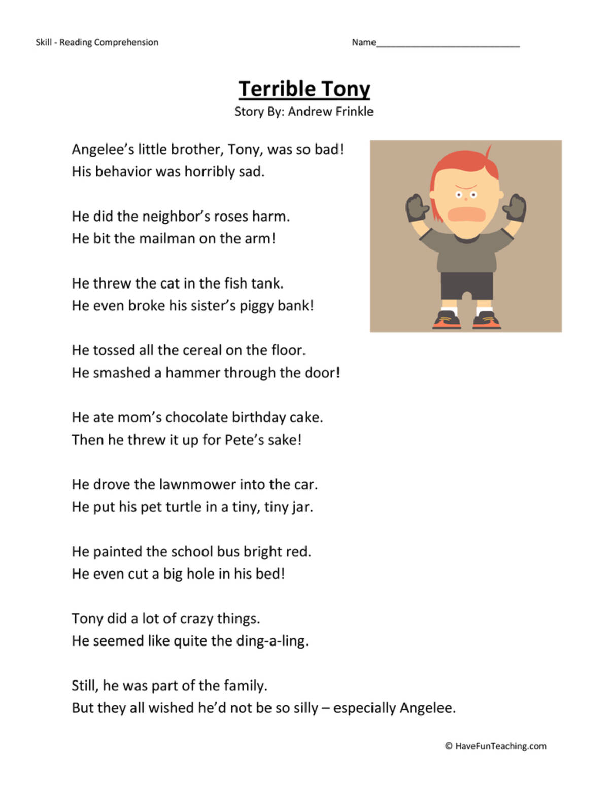 An educational teaching resource from Have Fun Teaching entitled Terrible Tony Reading Comprehension Worksheet downloadable at Teach Simple.