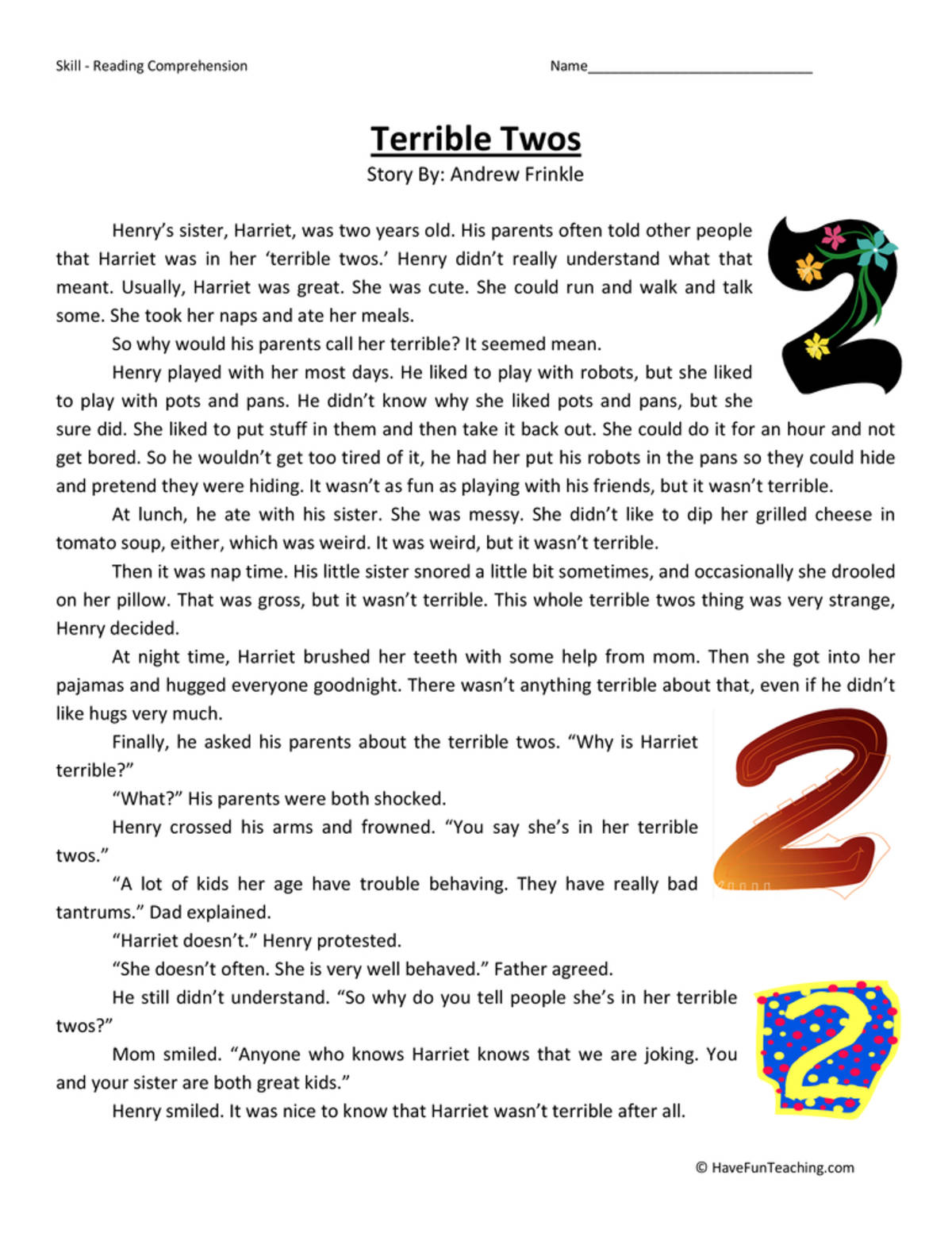 An educational teaching resource from Have Fun Teaching entitled Terrible Twos Reading Comprehension Worksheet downloadable at Teach Simple.