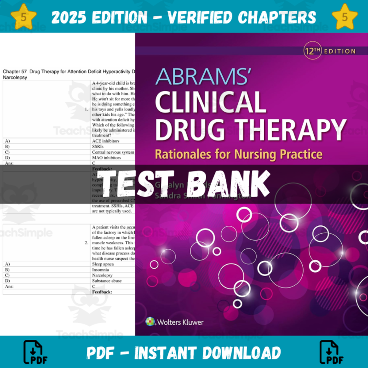 An educational teaching resource from Ambizak entitled Test Bank Abrams Clinical Drug Therapy Rationales for Nursing Practice downloadable at Teach Simple.