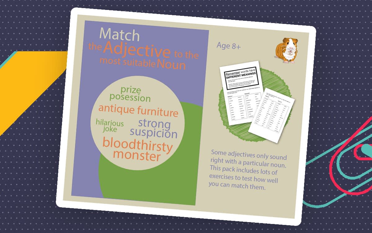 An educational teaching resource from Guinea Pig Education entitled Test Yourself: Match The Adjective To The Most Suitable Noun (EFL Work Pack) 8+ downloadable at Teach Simple.