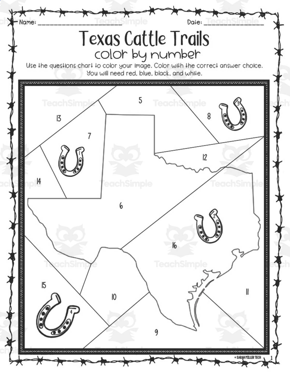 An educational teaching resource from Sarah Miller Tech entitled Texas Cattle Trails Coloring Activity downloadable at Teach Simple.