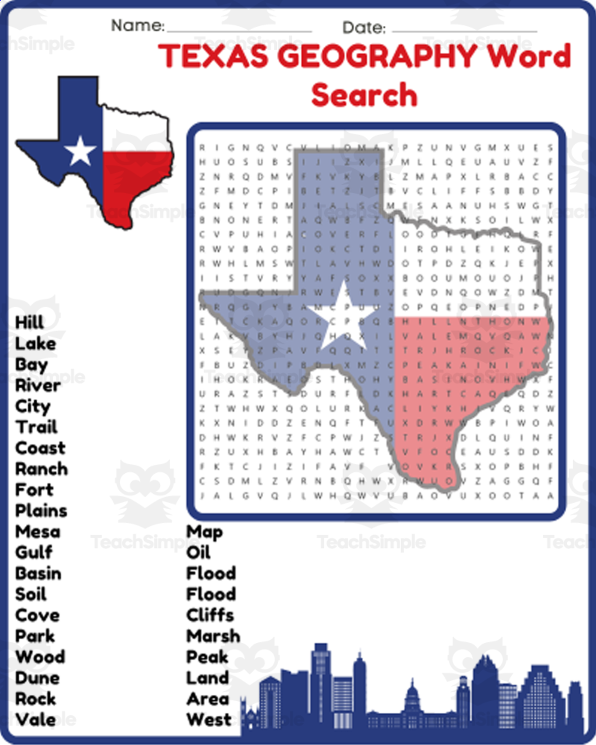 An educational teaching resource from space shope entitled TEXAS GEOGRAPHY Word Search Puzzle Worksheet Activity - Map Included downloadable at Teach Simple.