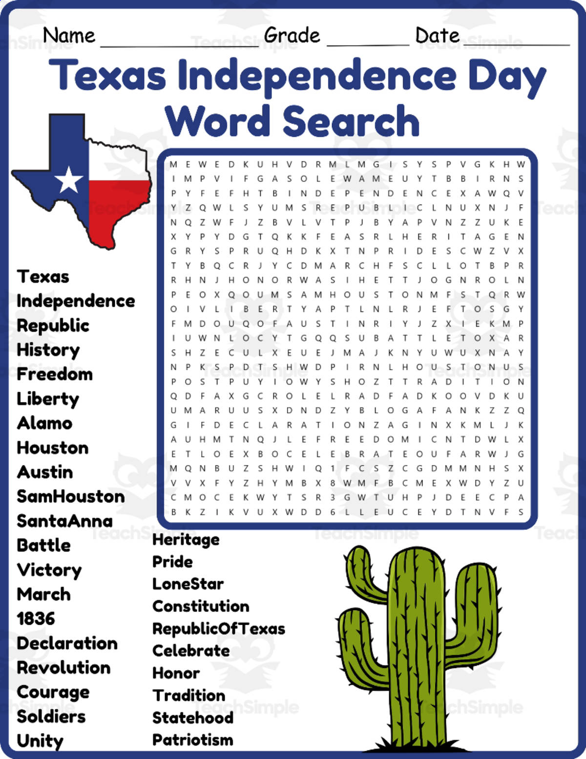 An educational teaching resource from Classsimple entitled Texas Independence Day Word Search 2nd, 3rd, 4th & 5th Grade Worksheet downloadable at Teach Simple.