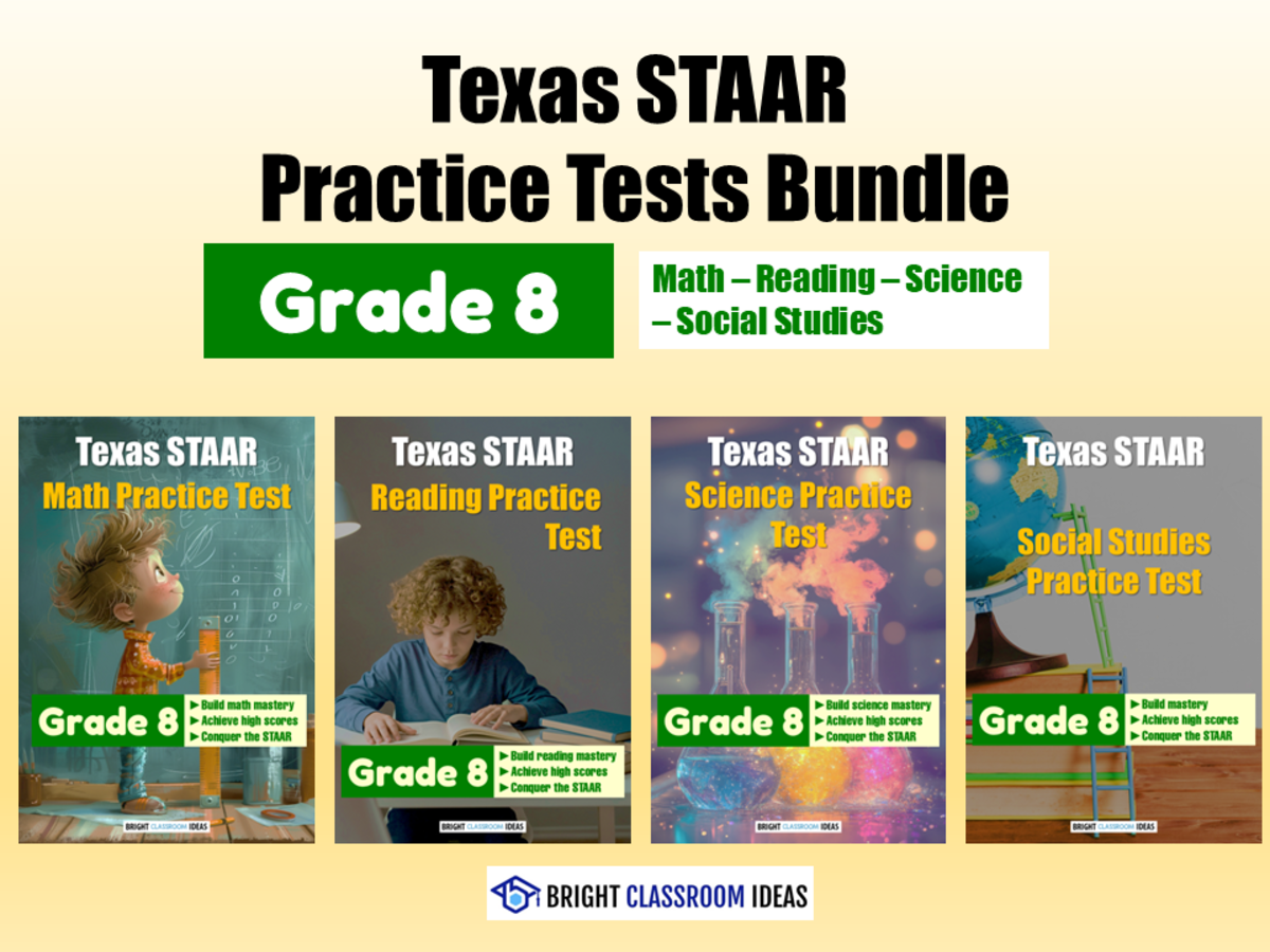 An educational teaching resource from Bright Classroom Ideas Marketplace entitled Texas STAAR Practice Tests Bundle for Grade 8 downloadable at Teach Simple.