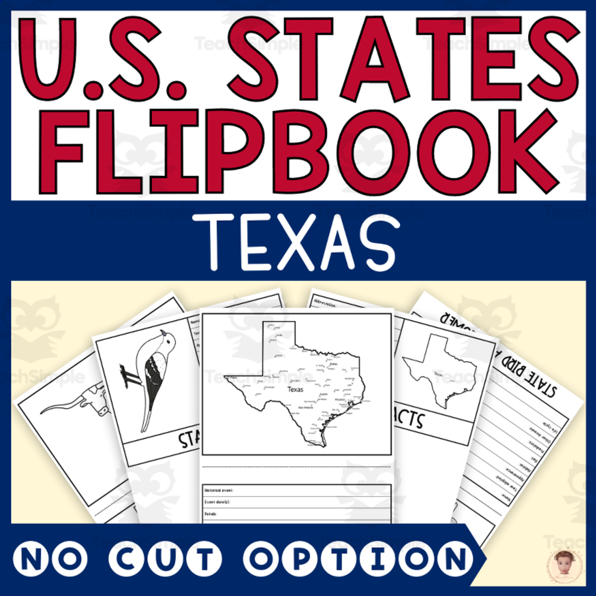 An educational teaching resource from Heather Huhman entitled Texas State Flipbook (Capital, Bird, Flower, Flag, Animal) downloadable at Teach Simple.