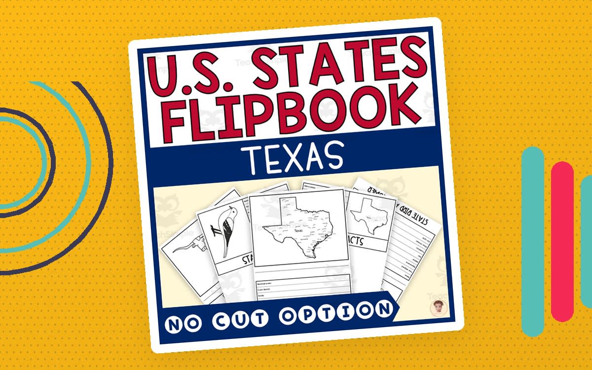 An educational teaching resource from Heather Huhman entitled Texas State Flipbook (Capital, Bird, Flower, Flag, Animal) downloadable at Teach Simple.